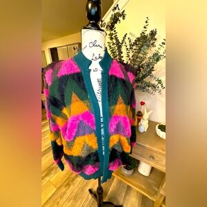 Colorful Geometric Women's Sweater Stripe Fluffy Cropped Cardigan.